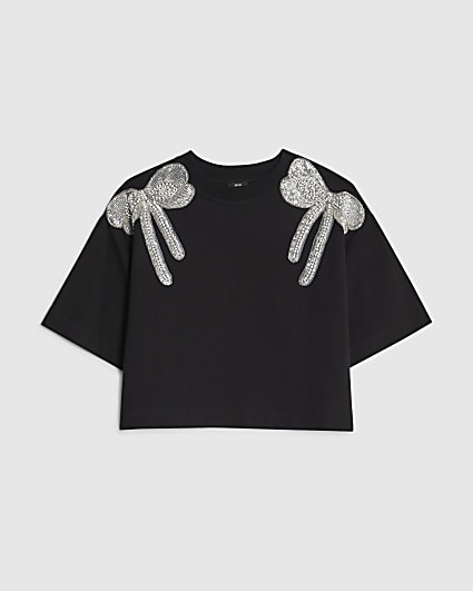 Girls Black Embellished Bow Top