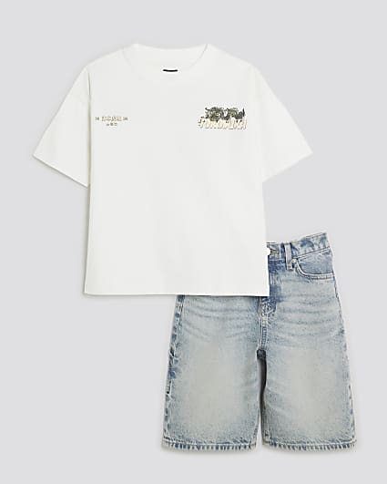 Boys White Japanese T-Shirt & Denim Short Set