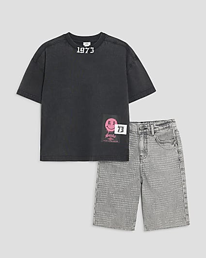 Boys Black Smile T-Shirt And Denim Shorts Set