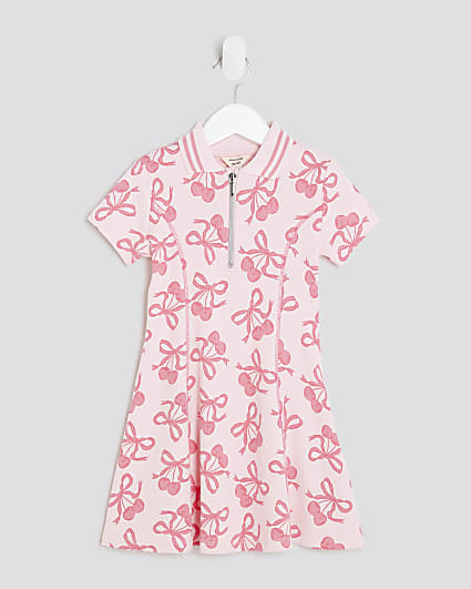 Mini Girls Pink Ribbed Cherry Bow Dress