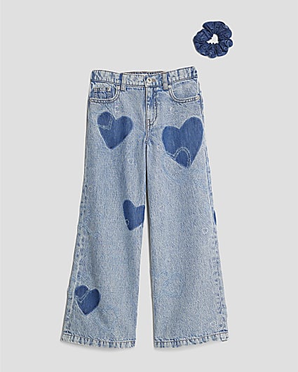 Girls Blue Denim Heart Patch Jeans Set