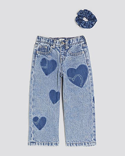Mini Girls Blue Heart Wide Leg Jeans Set