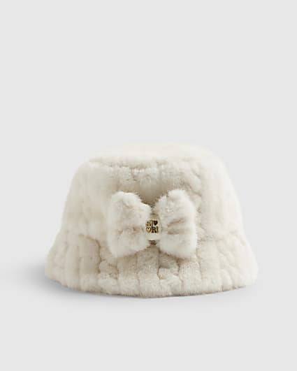 Girls Cream Fluffy Bucket Hat