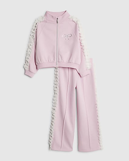 Girls Pink Bow Side Ruffle Sweatshirt Set