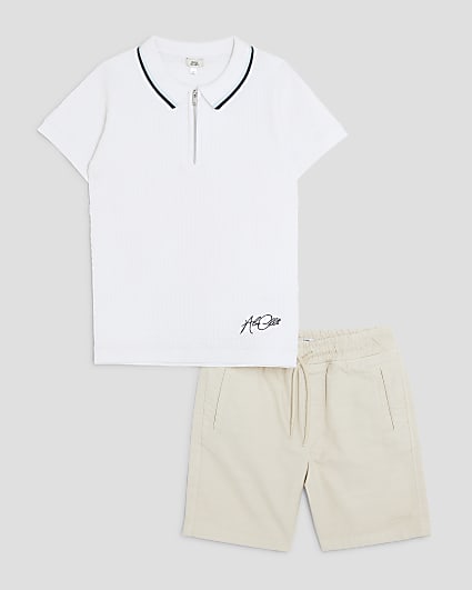 Boys White Zipped Polo Shirt And Shorts Set