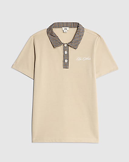 Boys Beige Contrast Collar Polo Shirt