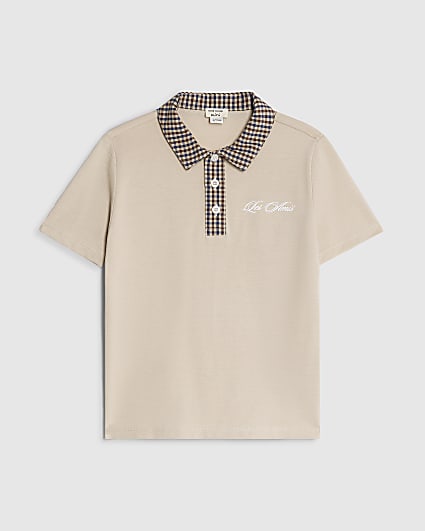 Mini Boys Beige Contrast Collar Polo Shirt