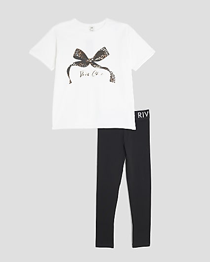 Girls White Leopard Bow T-Shirt Set