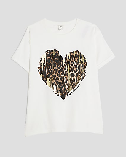Girls White Leopard Heart T-Shirt