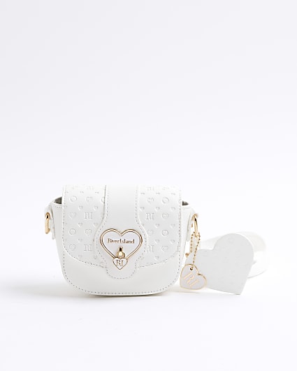 Girls White Monogram Heartlock Cross Body Bag