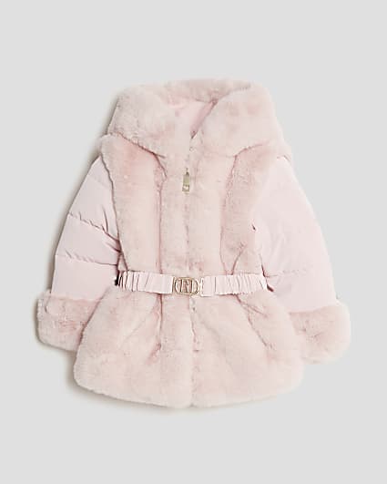Mini Girls Pink Belted Faux Fur Padded Coat