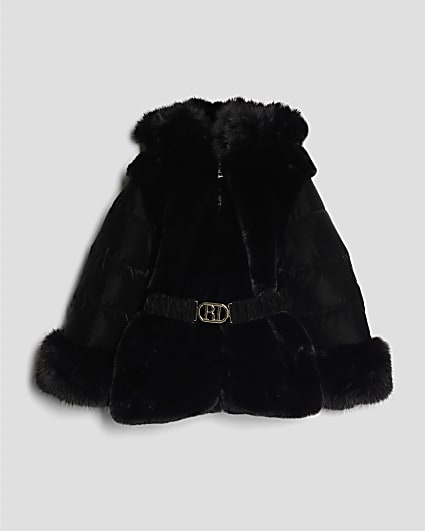 Girls Black Belted Faux Fur Padded Coat