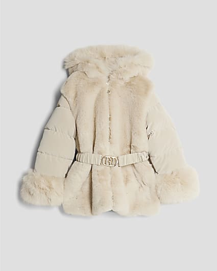 Girls Cream Belted Faux Fur Padded Coat