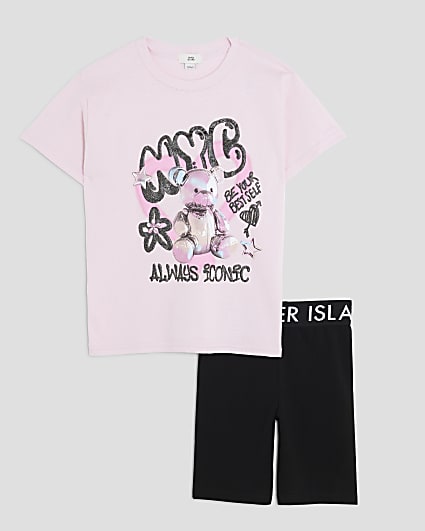 Girls Pink Print T-Shirt & Cycle Shorts Set