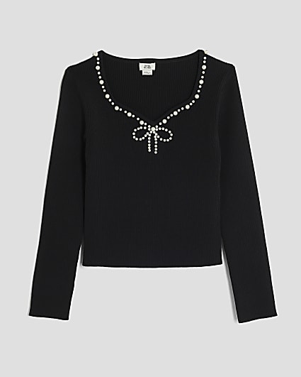 Girls Black Pearl Embellished Long Sleeve Top