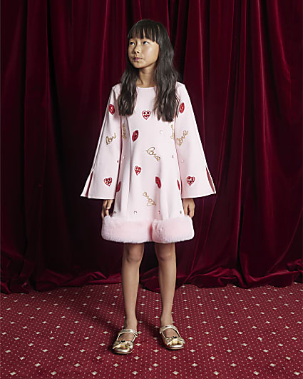 Girls Pink Lips Faux Fur Hem Dress