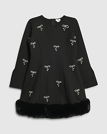 Girls Black Bow Faux Fur Hem Dress