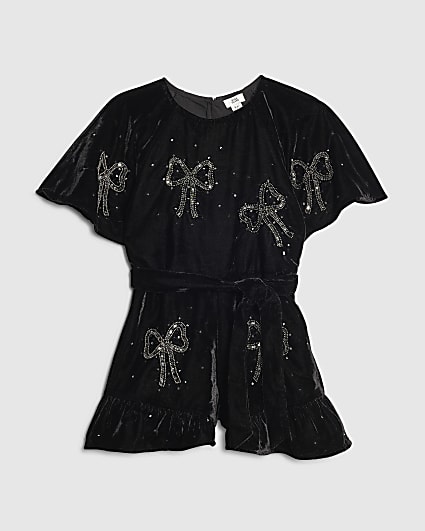 Girls Black Velvet Bow Playsuit