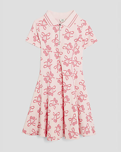 Girls Pink Ribbed Cherry And Bow Print Dress