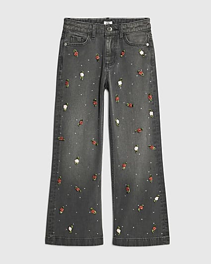 Girls Black Rose Wide Leg Jeans
