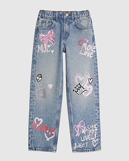 Girls Blue Love Graffiti Straight Jeans