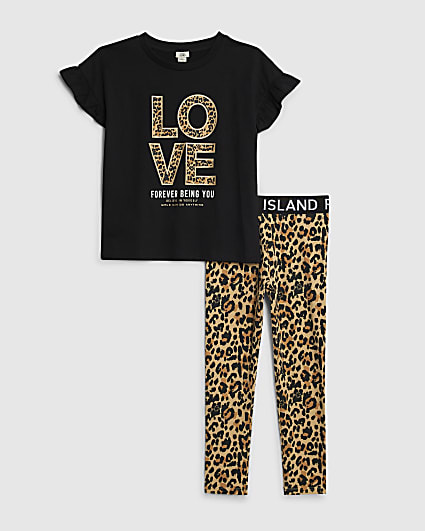 Girls Black Love Leopard T-Shirt Set