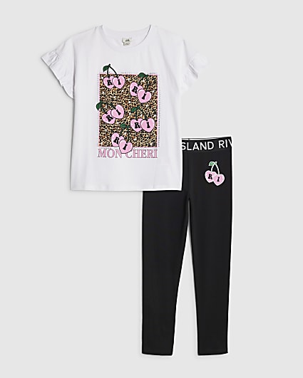 Girls White Frill RI Cherry T-Shirt Sets