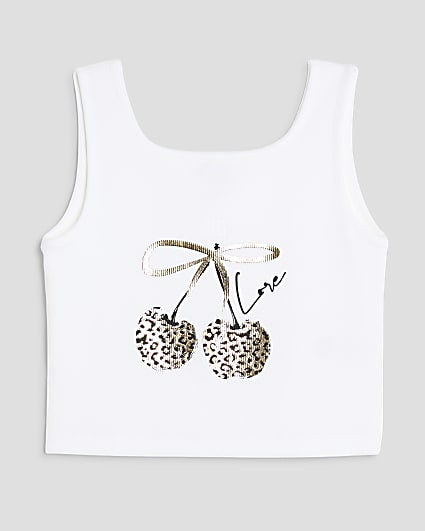 Girls White Leopard Cherry Bow Tank Top
