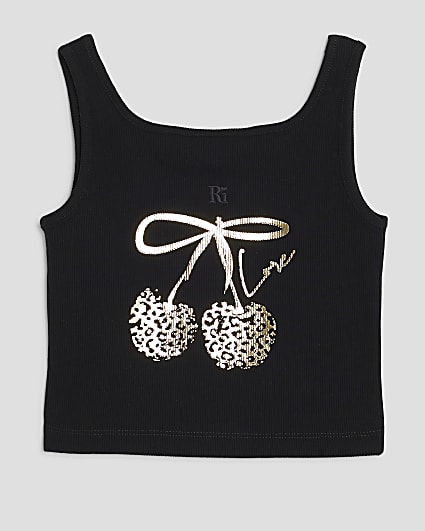 Girls Black Leopard Cherry Bow Tank Top