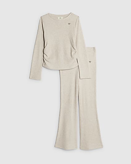 Girls Beige Ruched Top Set