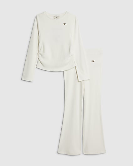 Girls Cream Ruched Flared Trousers Set
