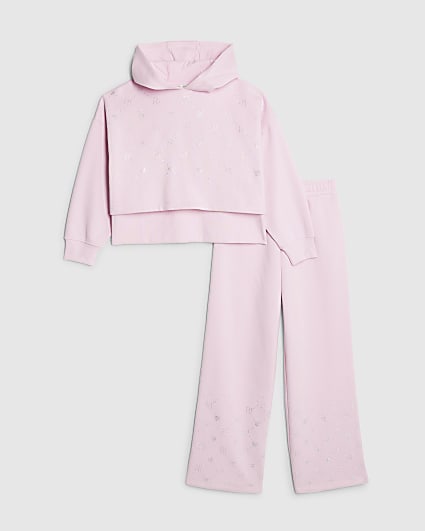Girls Pink Embellished Hoodie Set