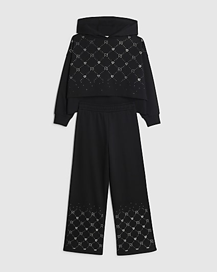 Girls Black Embellished Hoodie Set