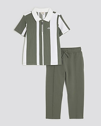 Mini Boys Khaki Striped Polo Shirt Set