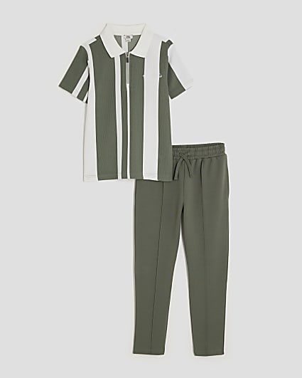 Boys Khaki Striped Polo Shirt Set