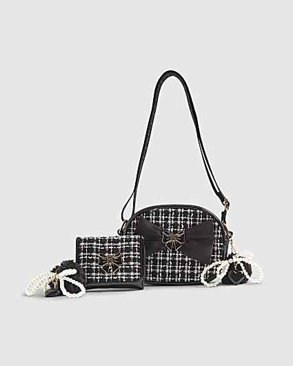 Girls Black check Boucle Bag And Purse Bundle