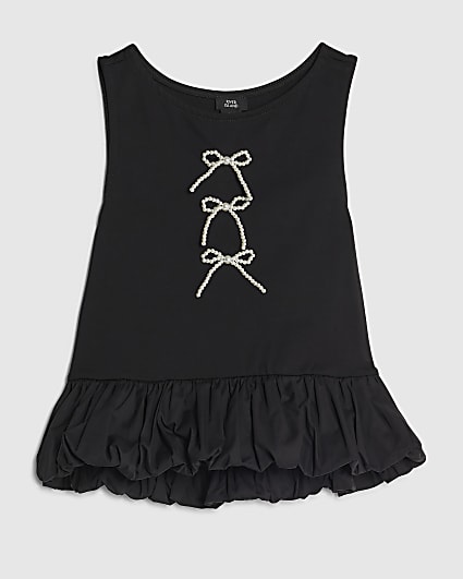 Girls Black Bow Bubble Hem Tank Top