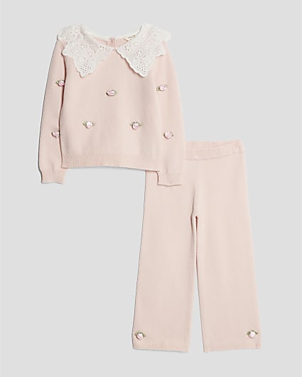 Mini Girls Pink Collared Rose Jumper Set