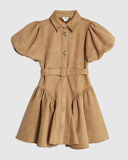 Girls Brown Faux Suede Shirt Dress