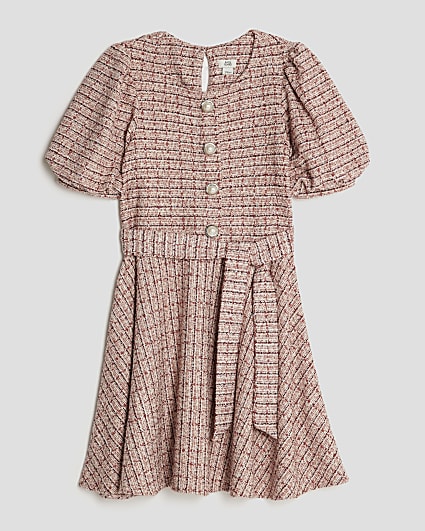 Girls Pink Boucle Belted Check Dress