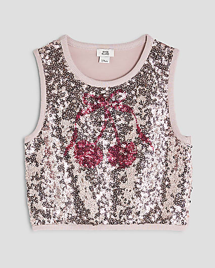 Girls Pink Cherry Sequin Tank Top