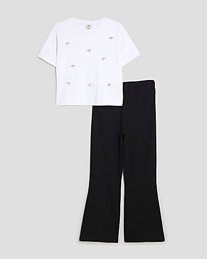 Girls White Diamante Bow T-Shirt Set
