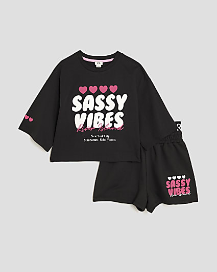 Girls Black Sassy T-Shirt And Shorts Set