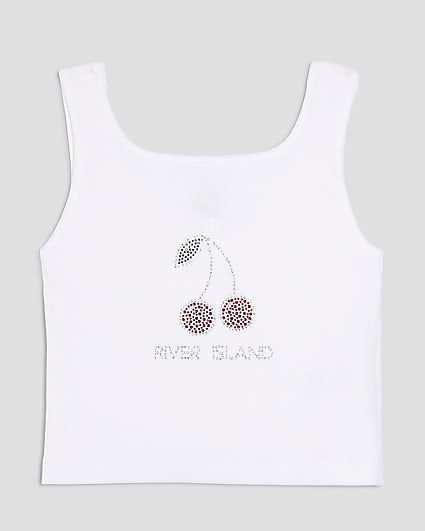 Girls White Cherry Embellished Tank Top
