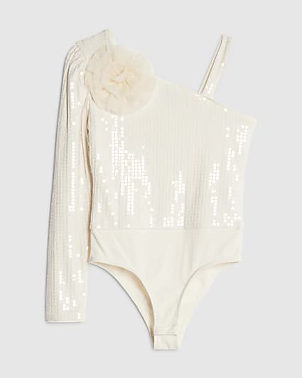 Girls Cream 3D Flower Sequin Bodysuit