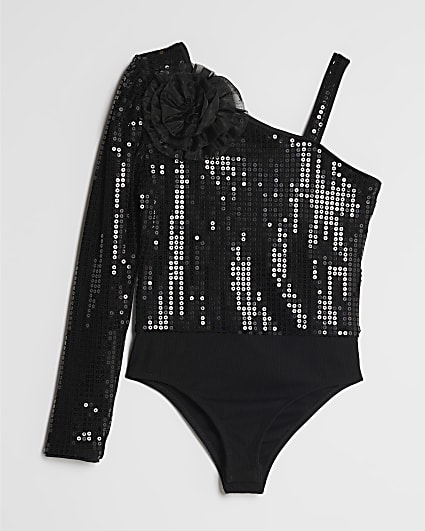 Girls Black 3D Flower Sequin Bodysuit