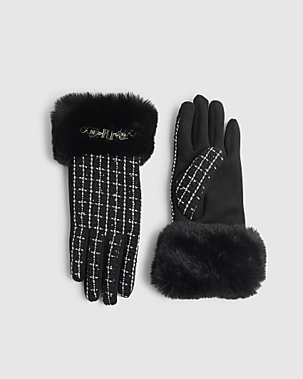 Girls Black Boucle Gloves