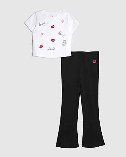 Girls White Love Lips Embroidered T-Shirt Set