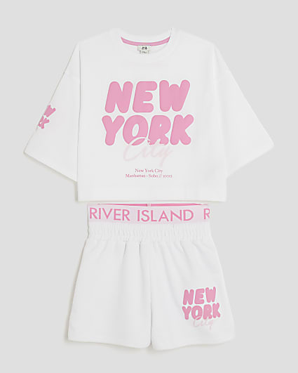 Girls White New York T-Shirt And Shorts Set