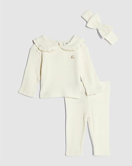 Baby Girls Cream Collar Ribbed Top Set